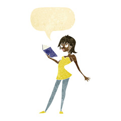 cartoon woman reading book with speech bubble