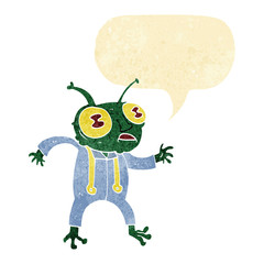 cartoon alien spaceman with speech bubble
