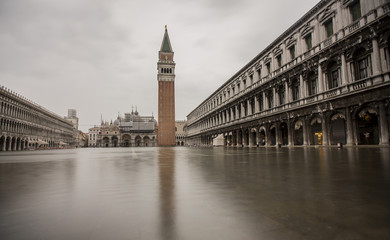 VENICE; NOVEMBER 5:  Early view of historical square of San Marco during high tide on November 5, 2014