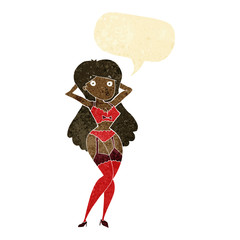 cartoon woman in lingerie with speech bubble
