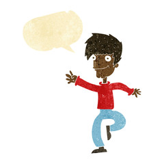 cartoon happy man dancing with speech bubble