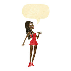 cartoon woman in pink dress with speech bubble