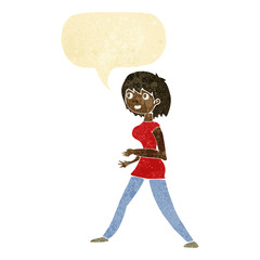 cartoon woman walking with speech bubble
