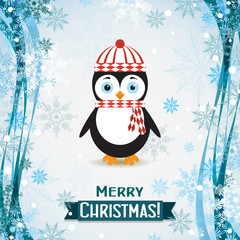 Template Christmas greeting card with a penguin, vector