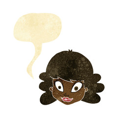 cartoon happy female face with speech bubble