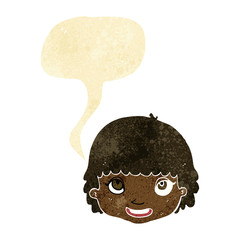 cartoon happy female face with speech bubble