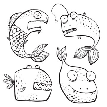 Fun Black and White Line Art Fish Characters Coloring Book