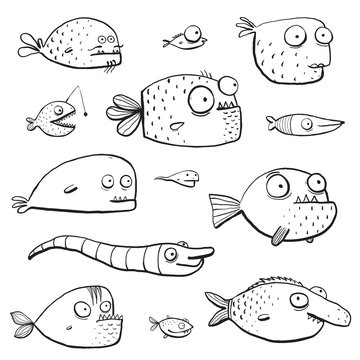 Black Outline Humor Cartoon Swimming Fish Characters Collection