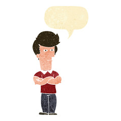 cartoon man with folded arms with speech bubble