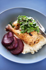 Roast chicken meal with vegetables and mash potato