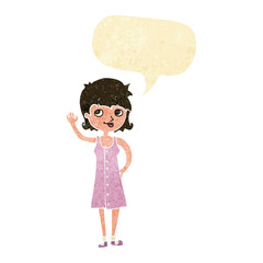 cartoon pretty woman waving with speech bubble