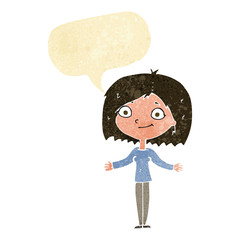 cartoon woman shrugging shoulders with speech bubble