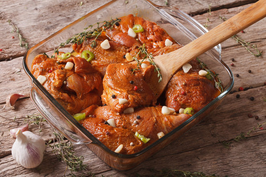 Raw Meat In A Spicy Red Marinade In A Bowl Close Up. Horizontal