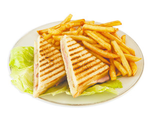 sandwich ham cheese French fries, potato crisps;