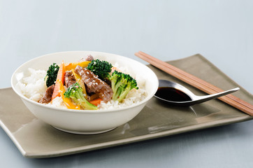 Wok fried beef vegetables and rice
