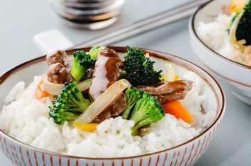Wok fried beef vegetables and rice