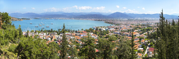 Panoramic aerial view of Fethiye marine and city center in Mugla province, Turkey, 2015
