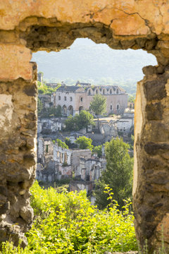 Empty houses and Orthodox church ruins in Kayakoy village at south of Fethiye in southwestern of Turkey