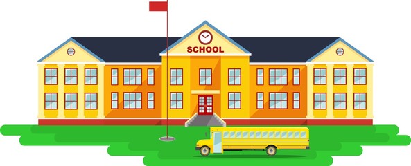 Panoramic background with school building and school bus in flat