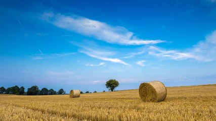 Stubble field with straw bales