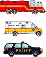 Fire truck, police and ambulance cars isolated on white