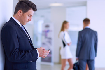 Portrait of young businessman in office with colleagues in the