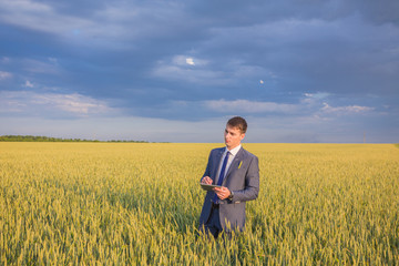 Naklejka na ściany i meble Businessman on a wheat field