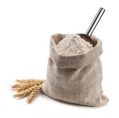flour in a bag and spikelets isolated on white background