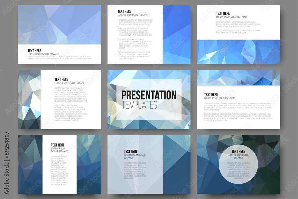 Poster set of 9 templates for presentation slides. abstract blue