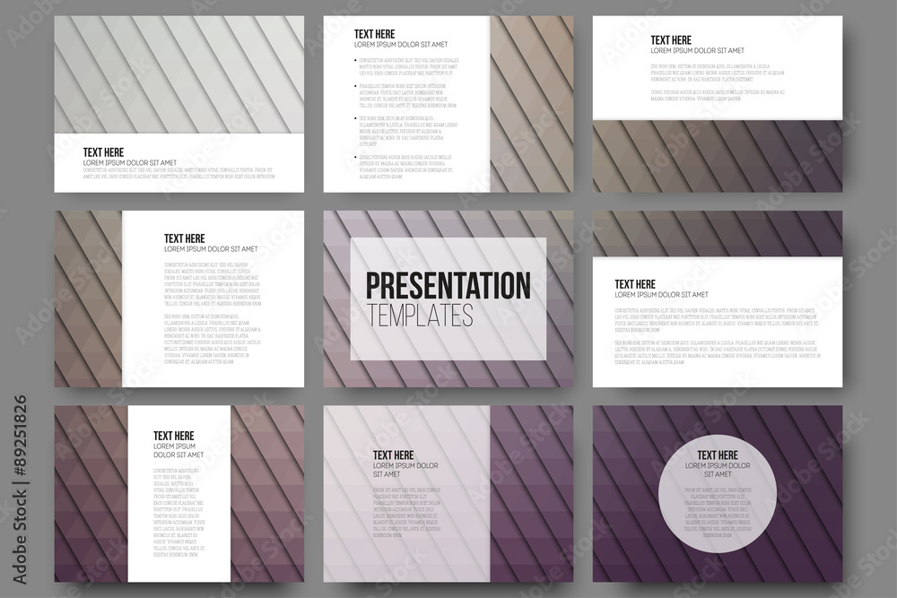 Poster set of 9 templates for presentation slides. abstract violet