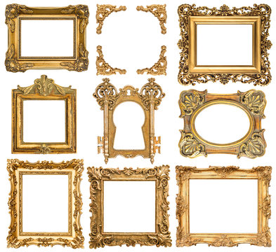 Golden picture frames. Baroque style antique objects