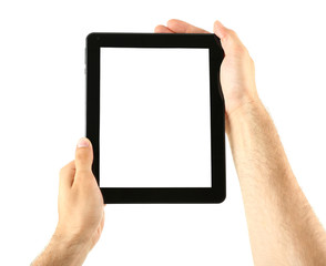 Male hands holding tablet isolated on white