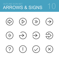 Different arrows and signs - vector outline icon set