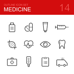 Medical vector outline icon set - medicine, pill, tablet, drug, tube of toothpaste, syringe, dna, heart, eye, tooth, thermometer, prescription and ambulance