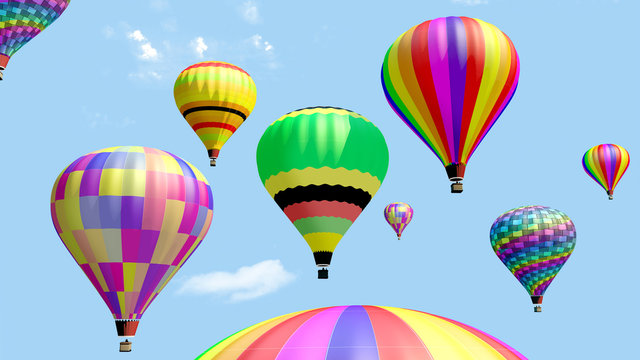Several hot air balloon flying in the blue sky. 3d render.