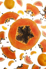 Fruit background - papaya and mandarine on white background