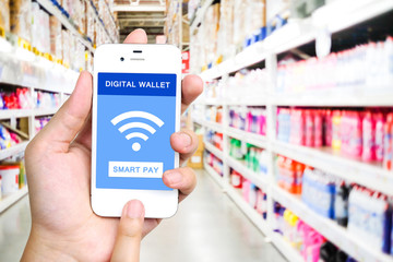 Digital wallet concept on smart phone screen, smart pay