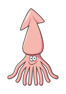 Cartoon pink squid with shy smile