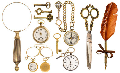 Collection of golden vintage accessories and antique objects