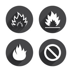 Fire flame icons. Prohibition stop symbol.