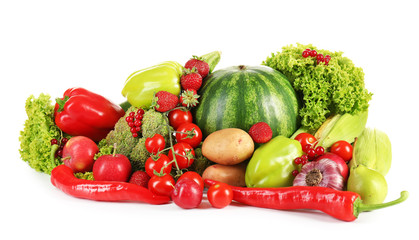 Composition with fresh fruits and vegetables isolated on white