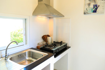 Close up of the gas stove in kitchen room. Modern kitchen interior, Building interior.
