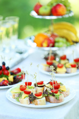 Snacks, fruits and drinks on table, outdoors. Garden party concept
