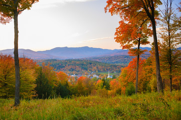 Fototapeta premium Overlooking Stowe Community Church in the autumn.