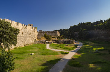Fototapeta na wymiar Fortifications and battlements of the medieval city, Rhodes