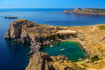 Fototapeta premium St Paul's Bay and the Acropolis of Lindos