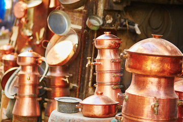 Selection of bronze teapots on Moroccan market