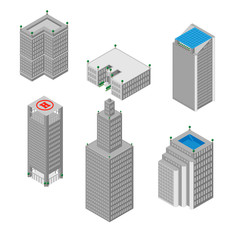 flat 3d isometric set of  skyscrapers, buildings, school.  Isolated on white background.  for games, icons, maps.