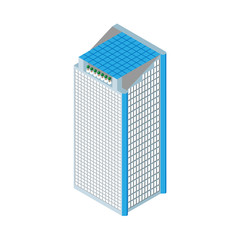 flat 3d isometric skyscraper. business center. solar panels on the roof and two elevators. Isolated on white background.  for games, icons, maps.