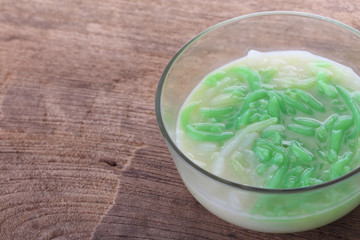 Thai food, Lod Chong dessert coconut milk on wood table